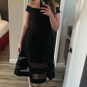 Aidan Mattox Black Off-Shoulder Cap Sleeve Midi Dress